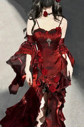 BXOXO Christmas Red Rose Robe Ruffles Long Sling Dress for Women Party 2024 New Lolita Elegant Irregular Slip Fishtail Dresses Female